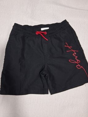 Hugo Boss Kids Black Swim Trunks with Red Accents